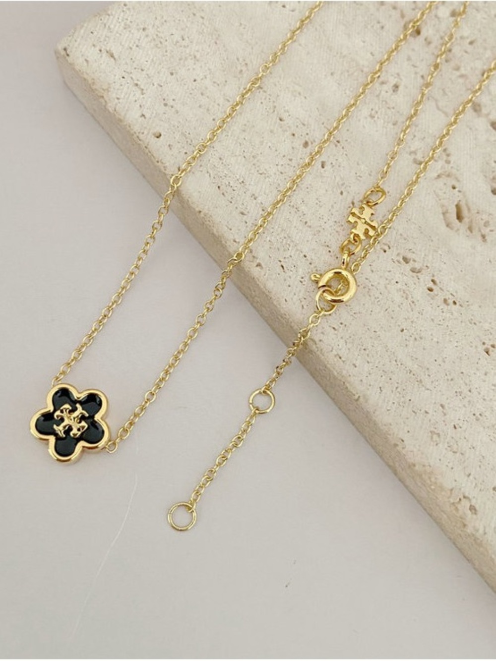 Tory Burch Gold-Tone Necklace with Black Enamel Clover Pendant